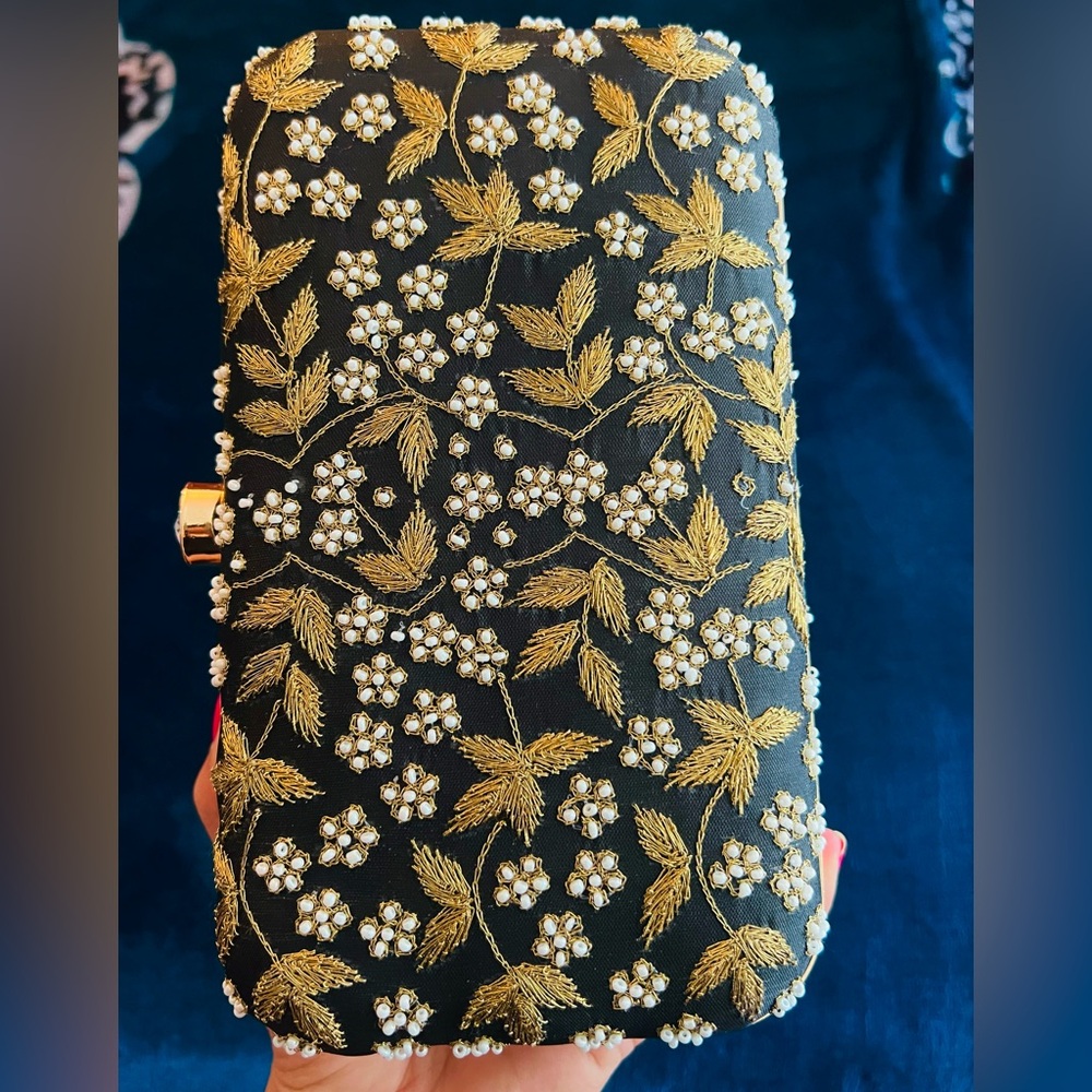 Embroidered Black & Gold Floral Evening Clutch